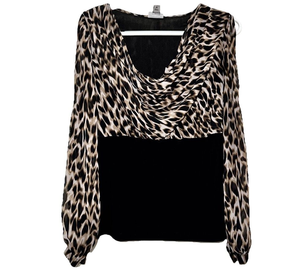 Worthington Leopard Cowl Neck Blouse Slit Sleeve Sheer Stretch Top M